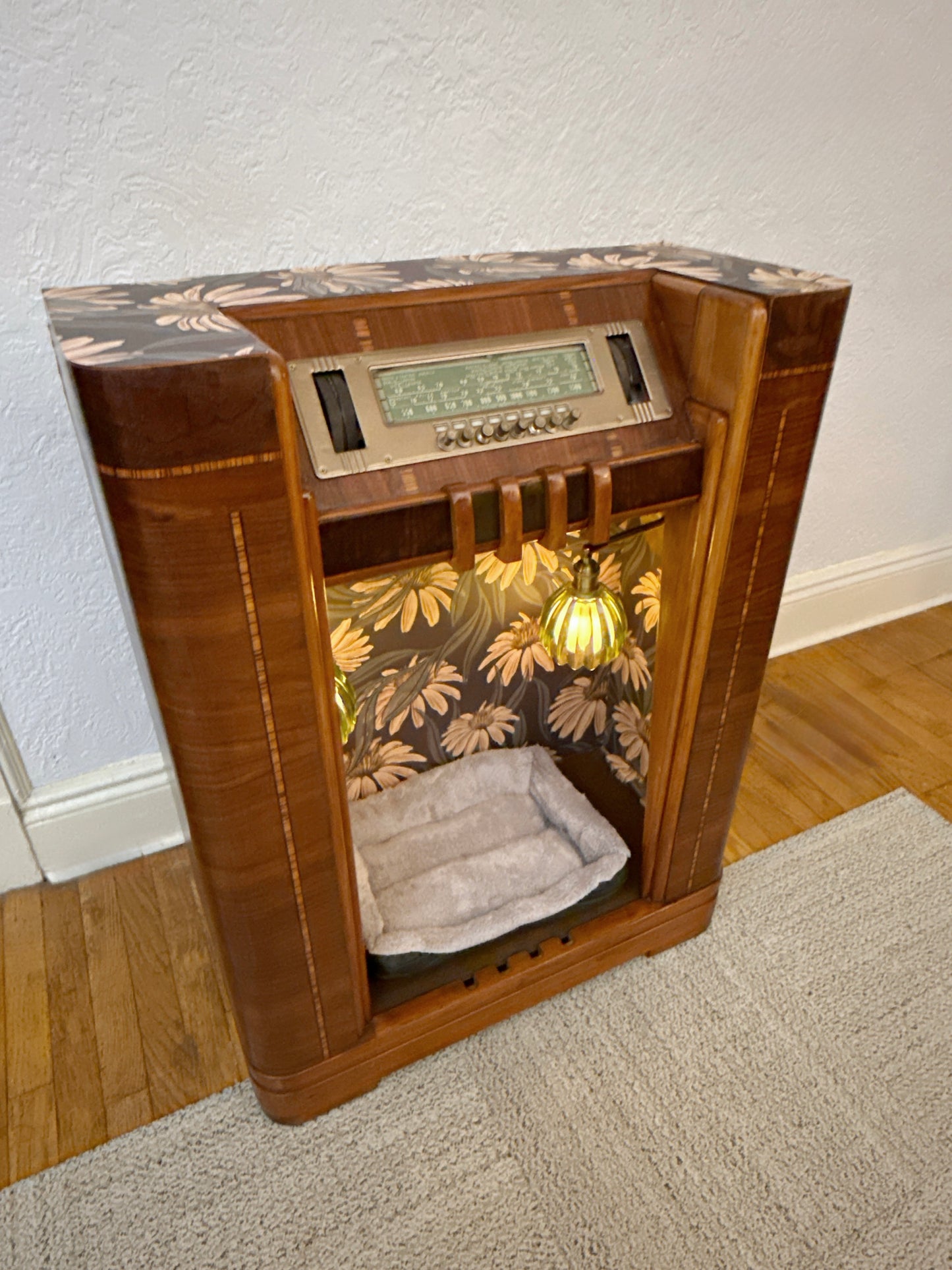 1936 Philco radio upcycled into cat bed