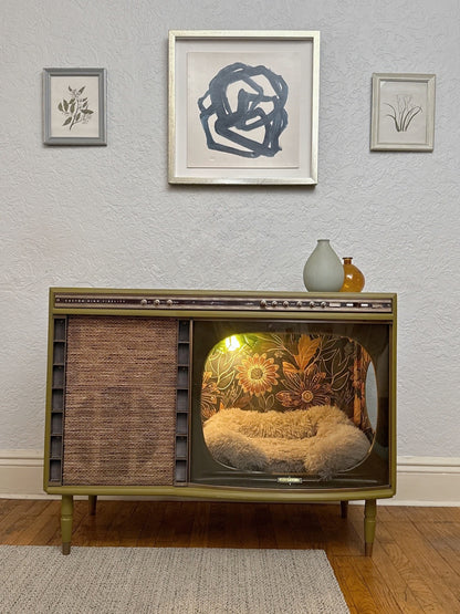 Cat bed and litter box enclosure made from 1950s TV