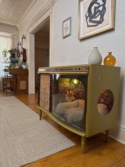 Cat bed and litter box enclosure made from 1950s TV