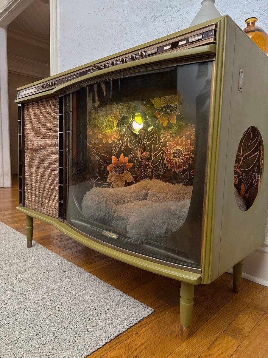 Cat bed and litter box enclosure made from 1950s TV