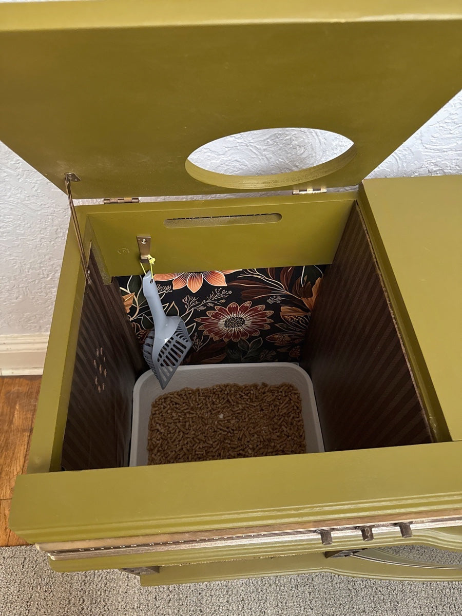 Cat bed and litter box enclosure made from 1950s TV
