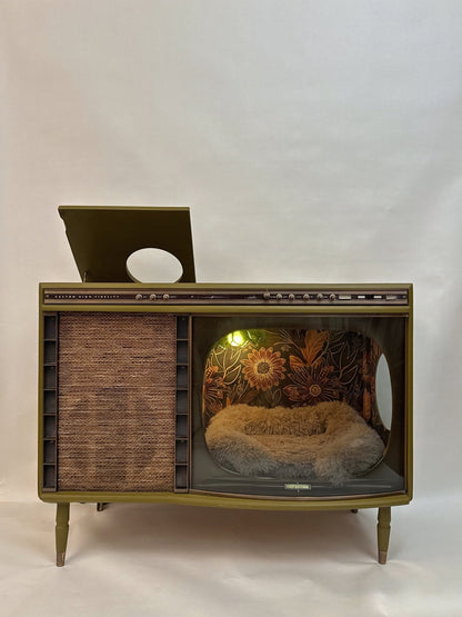 Cat bed and litter box enclosure made from 1950s TV