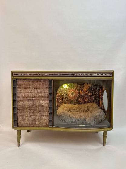 Cat bed and litter box enclosure made from 1950s TV