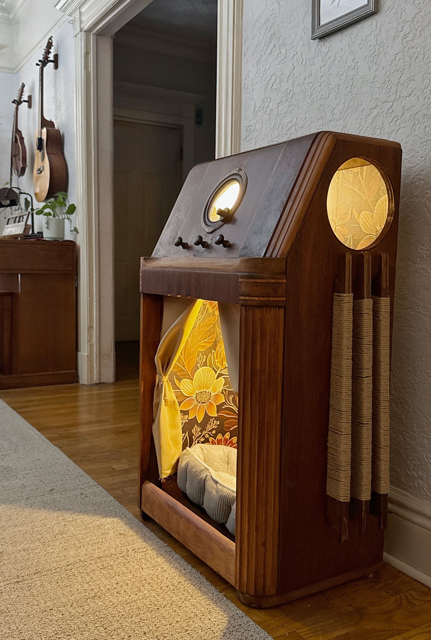 Double cat hotel made from 1940s Philco radio