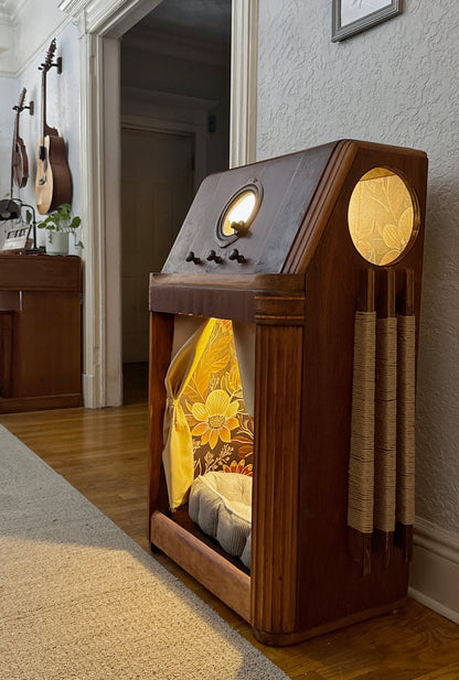 Double cat hotel made from 1940s Philco radio