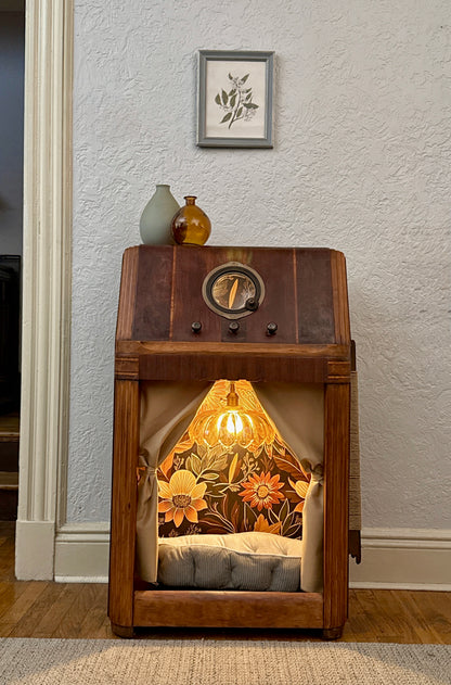 Double cat hotel made from 1940s Philco radio