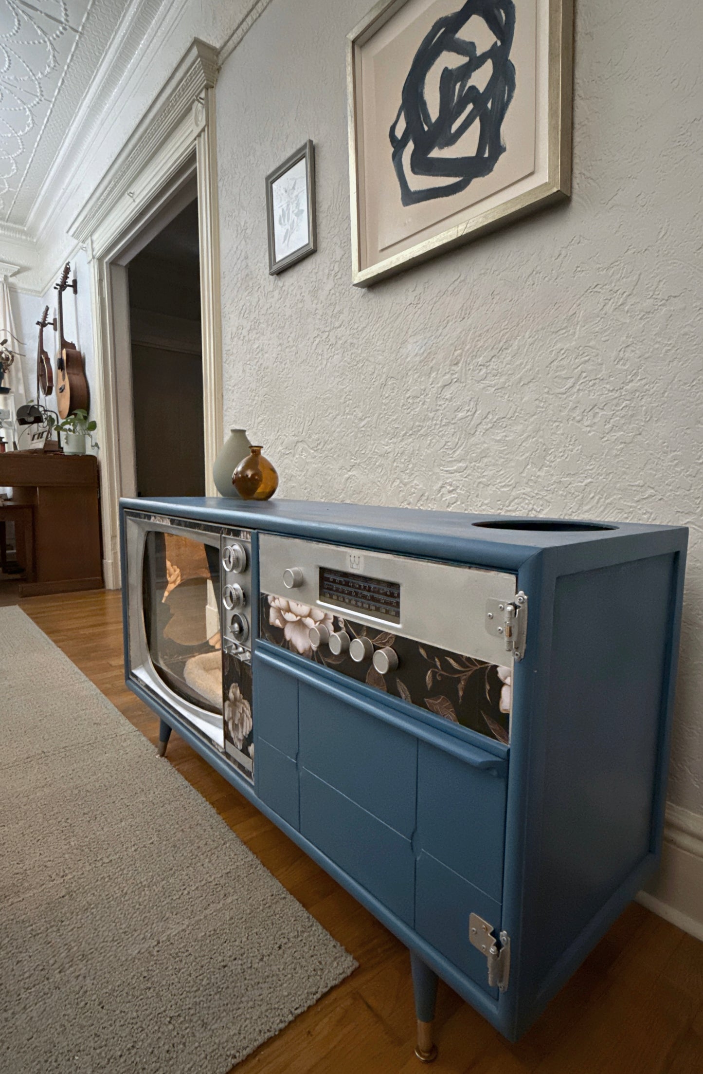 Cat hotel with litter box enclosure made from a 1970s Catalina TV console