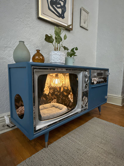 Cat hotel with litter box enclosure made from a 1970s Catalina TV console