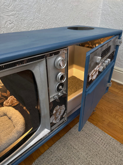 Cat hotel with litter box enclosure made from a 1970s Catalina TV console