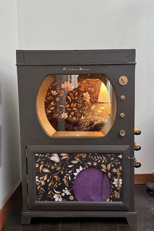 CUSTOM Cat bed and litter box enclosure made from 1950s Stromberg-Carlson television.