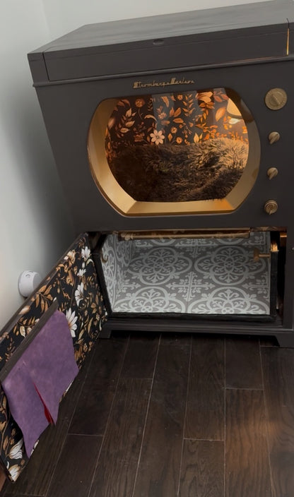 CUSTOM Cat bed and litter box enclosure made from 1950s Stromberg-Carlson television.