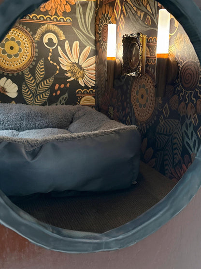 Cat bed and litter box enclosure made from 1946 DuMont television.