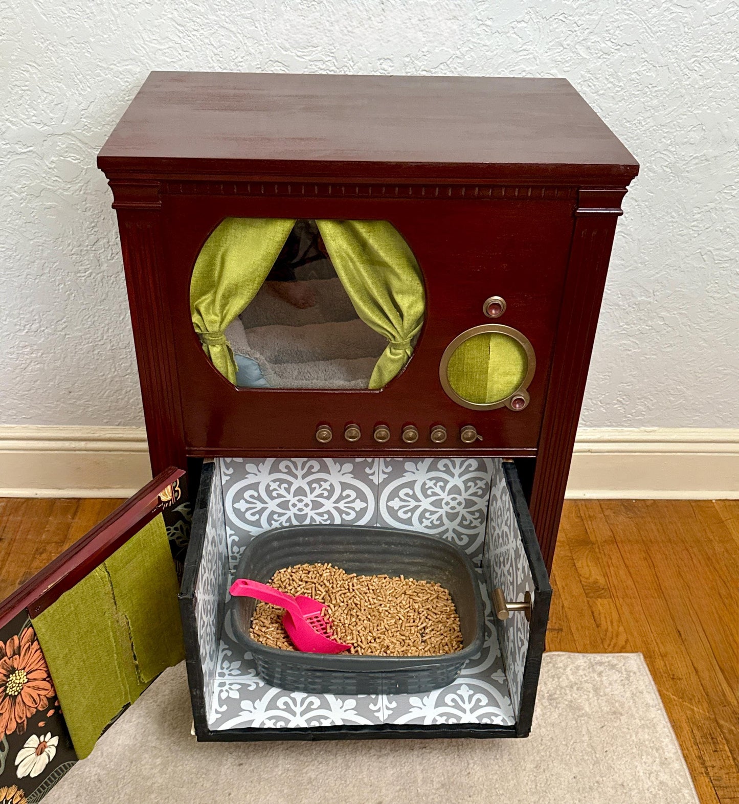Sold - Cat bed and litter box enclosure made from 1946 DuMont television.