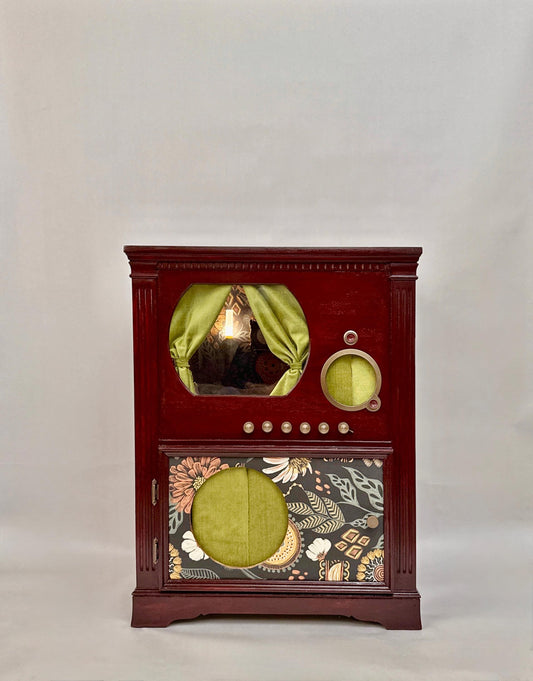 Sold - Cat bed and litter box enclosure made from 1946 DuMont television.