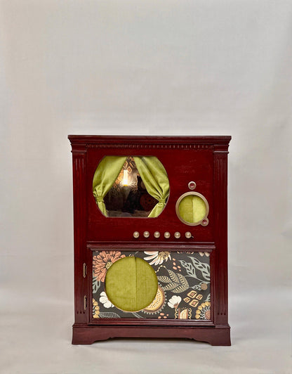 Cat bed and litter box enclosure made from 1946 DuMont television.