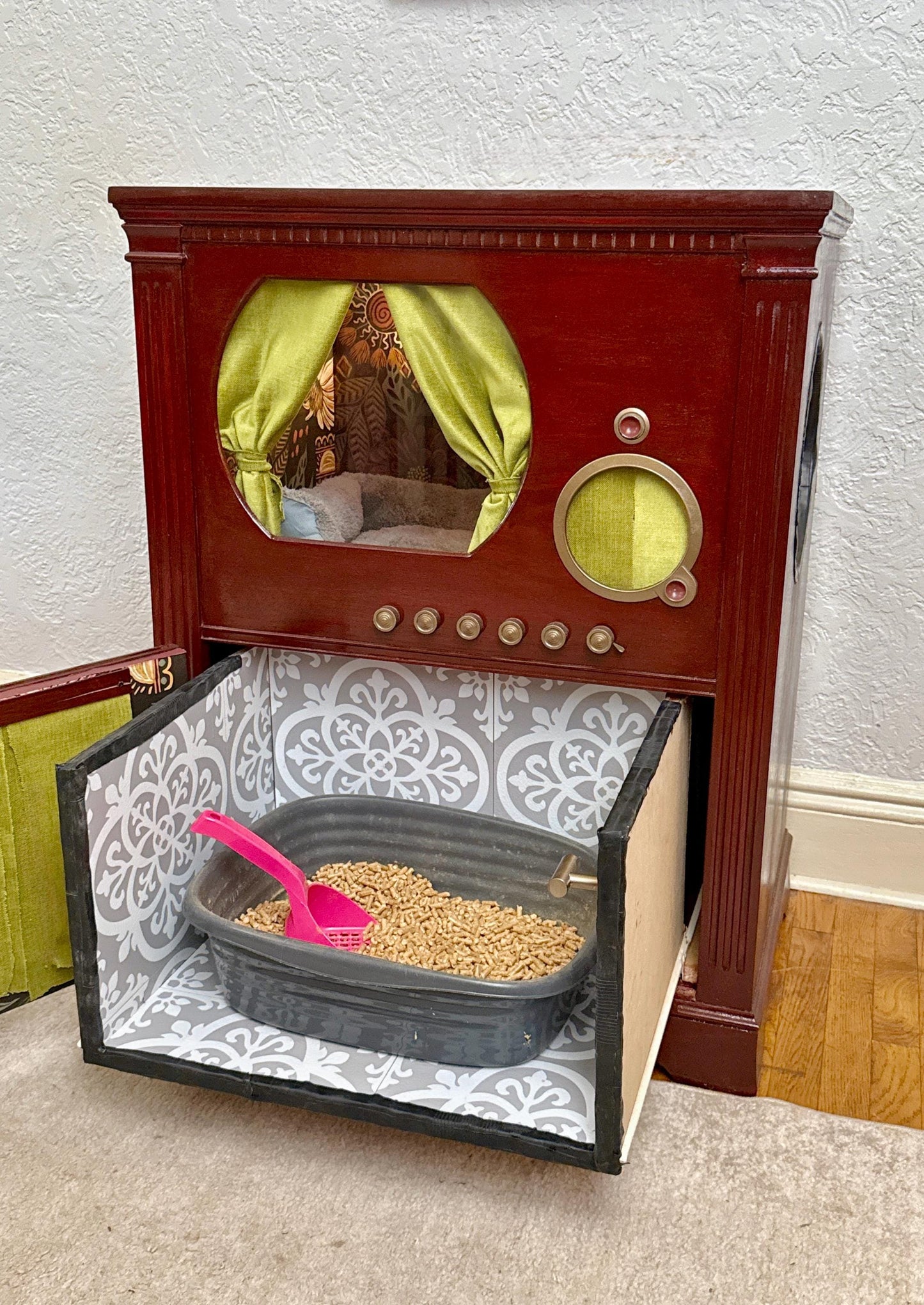 Sold - Cat bed and litter box enclosure made from 1946 DuMont television.