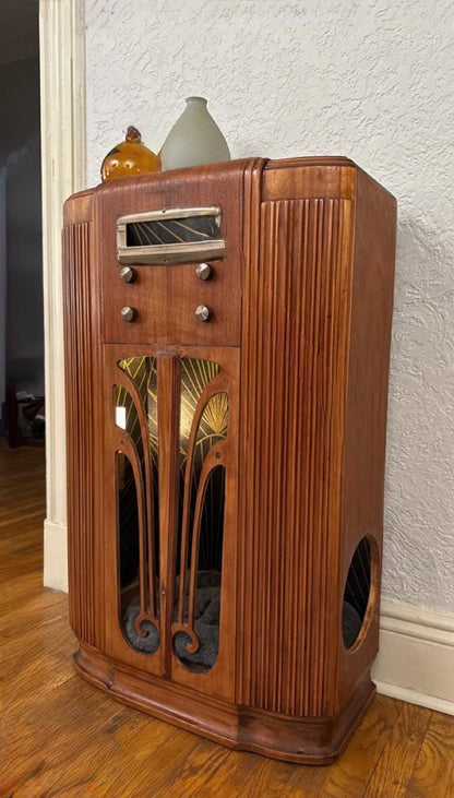Cat bed upcycled from 1939 General Electric radio