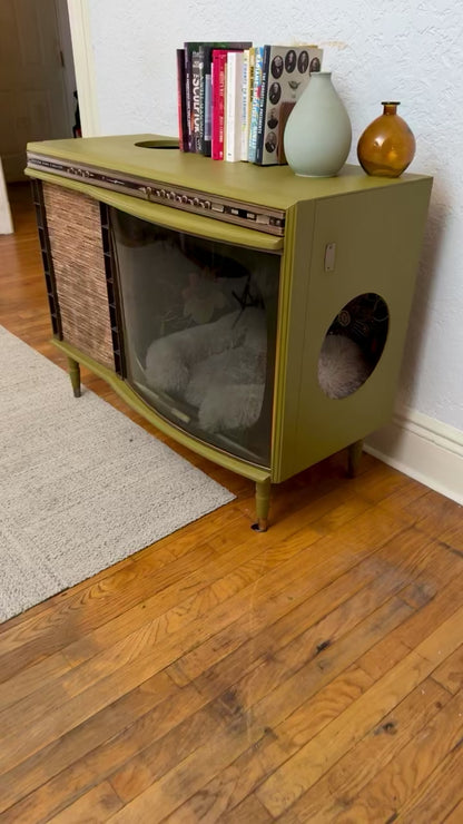 Cat bed and litter box enclosure made from 1950s TV