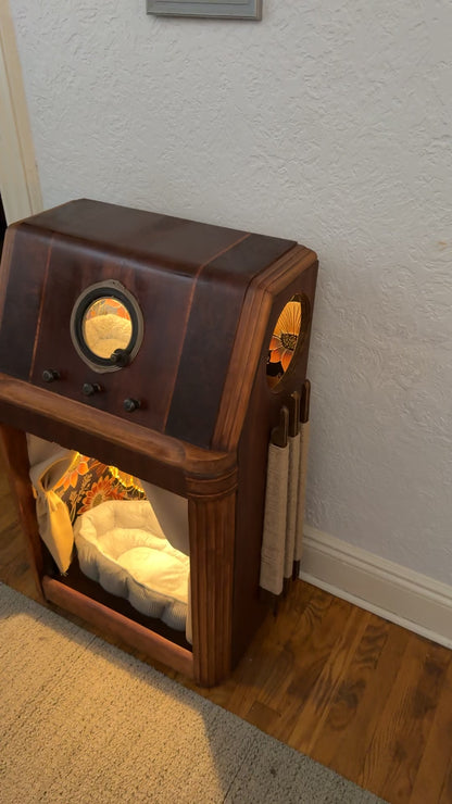 Double cat hotel made from 1940s Philco radio