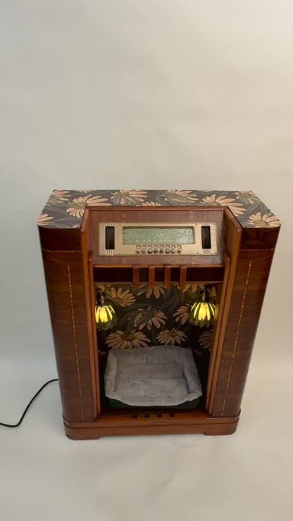 1936 Philco radio upcycled into cat bed